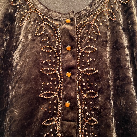 Women’s Brown Velvet Demi Large Long Sleeve Tunic w/ Embroidered Button Down Frt - Picture 3 of 7